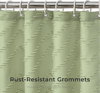 Green Boho Woven Fabric Tufted Chervon Textured Modern Minimalist Neutral Striped Waterproof Shower Curtain 72 x 72 Inches