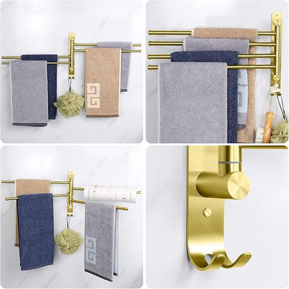 NearMoon Swivel Towel Rack, 13.8" Thicken 304 Stainless Steel 4-Arm Towel Bar, Space Saving Wall Mounted Towel Holder with Hook, Rustproof Swing Out Towel Hanger for Bathroom, Kitchen (Brushed Gold)