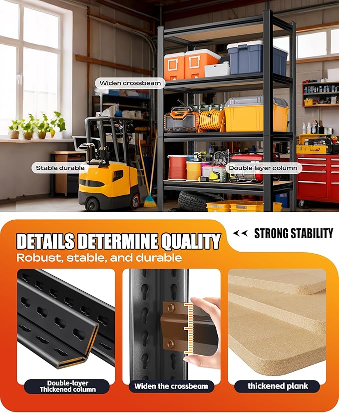 Set of 2 Garage Shelving, 2000LBS Heavy Duty Storage Shelves, 5-Tier Metal Shelf, Adjustable Shelving Unit, for Basement, Pantry, Kitchen, Warehouse, 13.8''Dx31.5''Wx71.2''H, Black