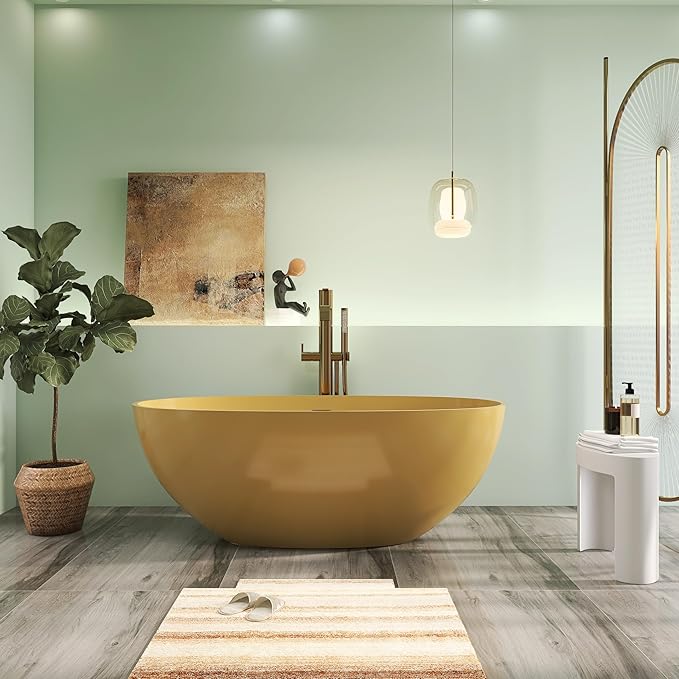 61" Premium Solid Surface Freestanding BathTubs, Upgraded Camel Design Stand Alone Tub with Overflow and Pop-up Drain