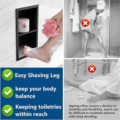 Shower Foot Rest for Shaving Legs, 304 Stainless Steel Footrest Niche with Shaving Holder, Recessed Shower Niche for Shaving Legs, Matte Black, 5.9" X 12.3"