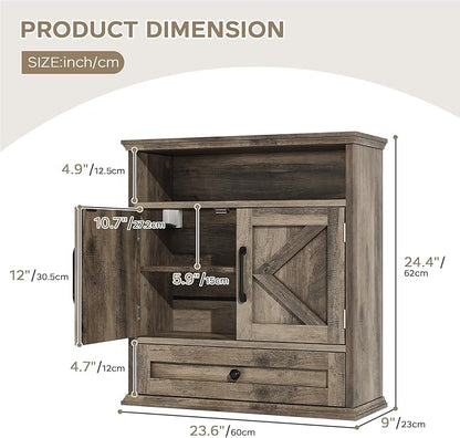 Bathroom Wall Cabinet, Wall Mounted Medicine Cabinet with Drawer, Barn Door & Adjustable Shelf, 24.4"H x 23.6"W x 9"D Grey Over Toilet Farmhouse Storage Cabinet for Kitchen, Laundry, Entryway