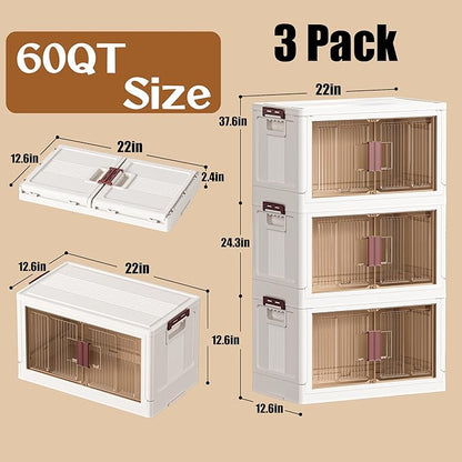 45GAL/180QT 3 tier large stackable storage bins with lid and wheels, collapsible storage bins plastic with doors，suit for clothes, closet, home and office