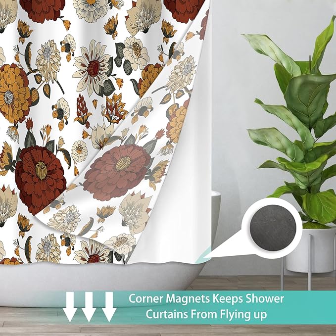 No Hook Shower Curtain Set with Snap in Fabric Liner for Bathroom,with See Through Top Window,Double Shower Curtain with Detachable Liner Replacement,Machine Washable,Boho Flowers,71"x 74"