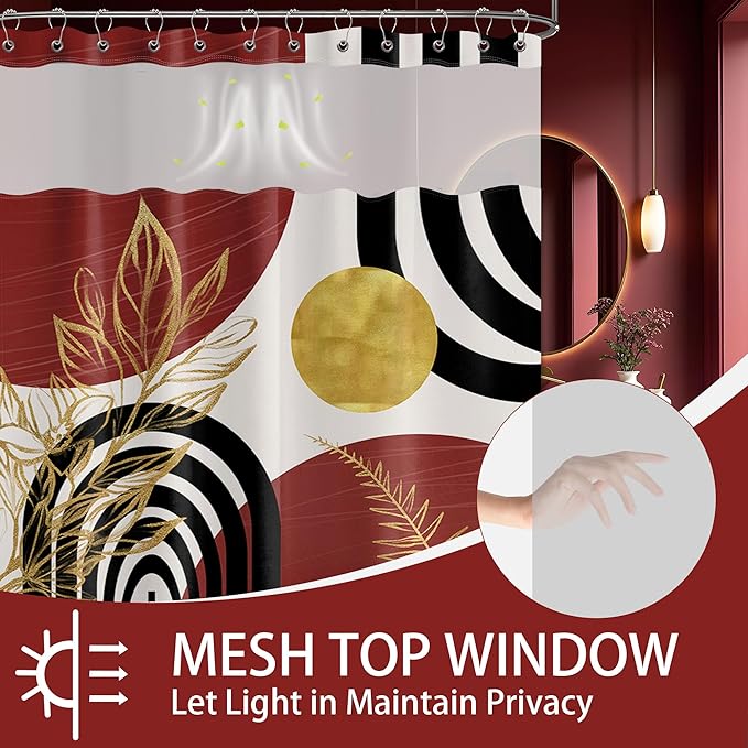 Black and Red Boho See Through Mesh Top Shower Curtain with Window, Dark Red Mid Century Modern Mens Double Layer Shower Curtains with Snap in Liner, Waterproof Fabric with Hooks, 71x72 in