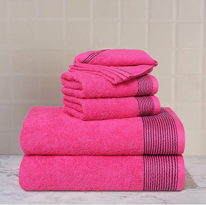 Belizzi Home 100% Cotton Ultra Soft 6 Pack Towel Set, Contains 2 Bath Towels 28x55 inchs, 2 Hand Towels 16x24 inchs & 2 Washcloths 12x12 inchs, Compact Lightweight & Highly Absorbant - Hot Pink