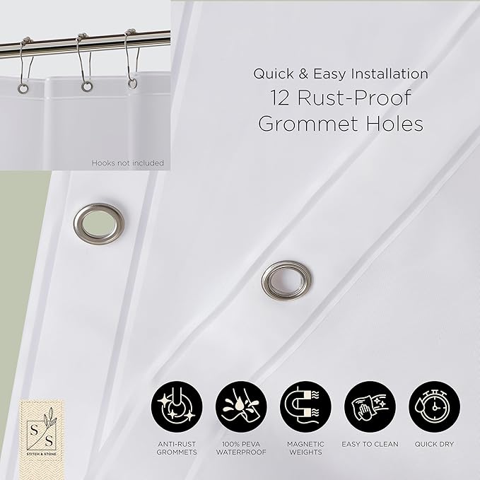 Stitch & Stone Shower Curtain Liner, Premium Medium Weight Durable Waterproof 6g PEVA for Bathroom with Weighted Magnets, Standard Size 72" x 72", Frosty 2 Pack