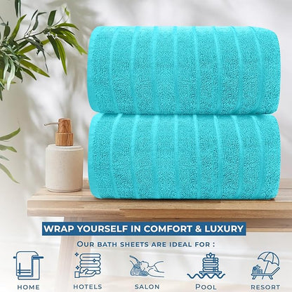 DAN RIVER Pack of 2 Bath Sheet 35x70 Inches, Ribbed Jumbo Bath Sheets for Adults, Thick and Absorbent Large Towels - Aqua