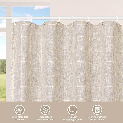 MitoVilla Grey Boho Extra Long Shower Curtain 72 x 84, Modern Farmhouse 84 inch XL Rustic Polyester Linen Tassel Heavy Duty Shower Curtain Set with Hooks for Cottagecore Country Bathroom Decor