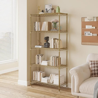 5 Tier Storage Racks Shelving, Heavy Steel Pantry Shelves, Adjustable Wire Shelving Rack, Suitable for Garage, Kitchen, Bathroom, Office, 29" W x 13.4" D x 59" H, Golden