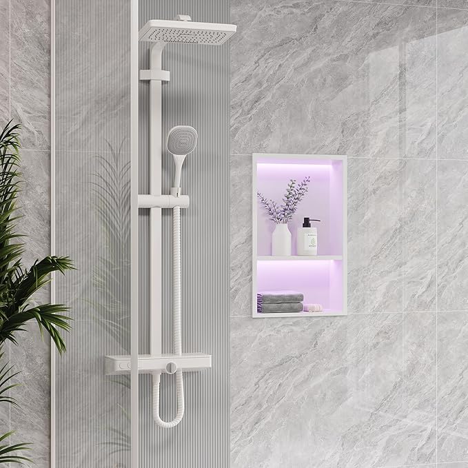 2-Tiers 12x18Inch Shower Niche with RGB LED Light Strips, White Recessed Wall Niche with Light, NO Tile Needed Cabinet Storage Organizer, Stainless Steel Bathroom Storage for Shower Wall