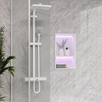 2-Tiers 12x18Inch Shower Niche with RGB LED Light Strips, White Recessed Wall Niche with Light, NO Tile Needed Cabinet Storage Organizer, Stainless Steel Bathroom Storage for Shower Wall
