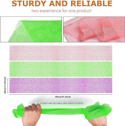 UJFQBH 3 Pieces African Bath Sponge African Net Long Net Bath Sponge Exfoliating Shower Body Scrubber Back Scrubber Skin Smoother,Great for Daily Use (Purple， Pink，Green)