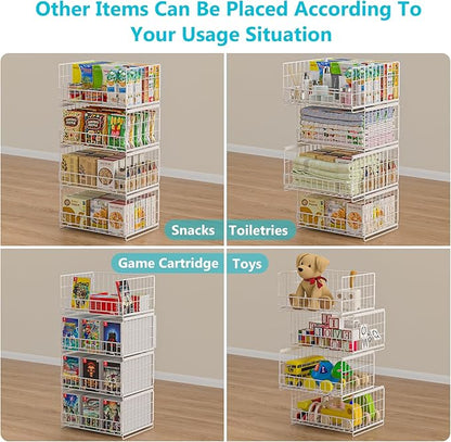 4-Tier Sliding Closet Organizers and Storage Shelves, Stackable Closet Shelf Organizer Basket Bins, Drawer Shelf Storage Container for Wardrobe Cupboard Kitchen Bathroom Office, White