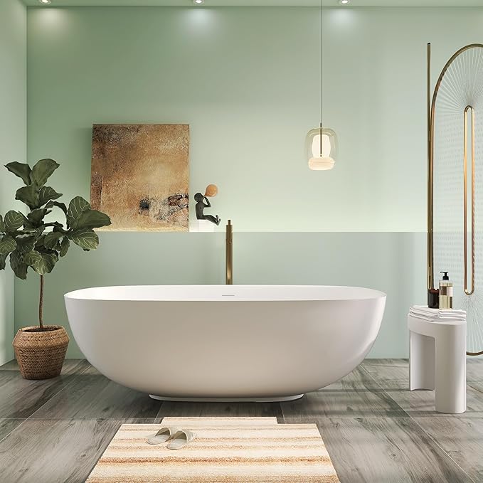 67" Upgraded Modern Solid Surface Free Standing Tub, Unique Matte White Stone Resin Soaker Tubs with Pop-up Drain