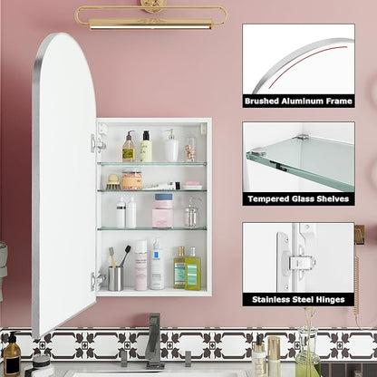 FKWin Arched Sliver Bathroom Medicine Cabinet with Mirror, Left or Right Opening, Bathroom Vanity Mirrors with Storage, Surface Mount Medicine Cabinet not Recessed, Silver, 16x32 inch