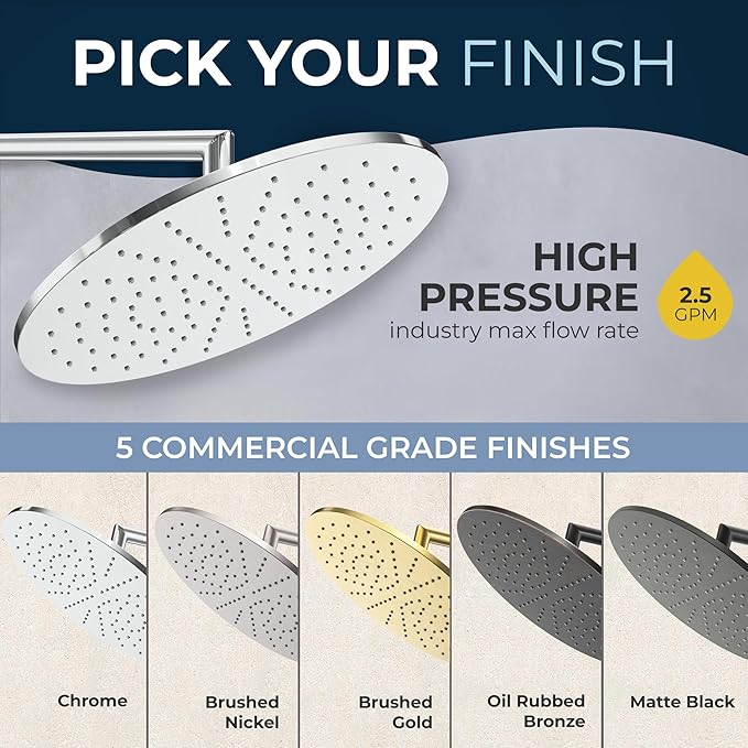 HammerHead Showers® Solid Metal 12 Inch Rainfall Shower Head, Large Rain Shower Head, 2.5 GPM High Flow Shower Head Optimized for Pressure, Wall-Mounted or Ceiling Rain Shower Head, Chrome