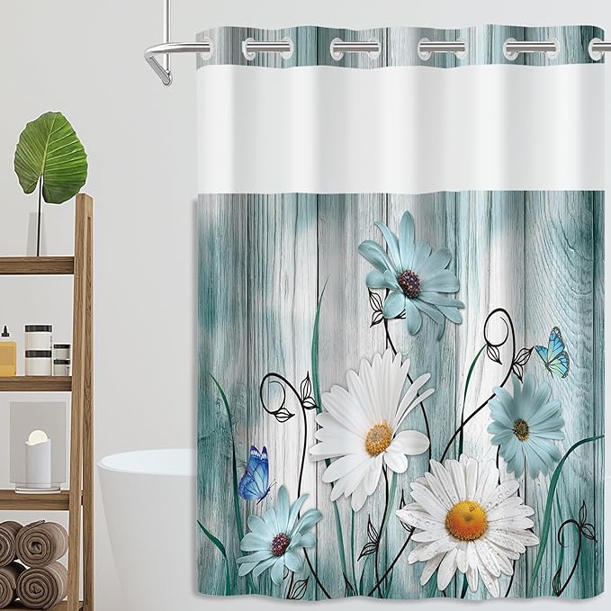 No Hook Shower Curtain Set with Snap in Fabric Liner for Bathroom,with See Through Top Window,Double Shower Curtain with Detachable Liner Replacement,Machine Washable,Daisy Flower,71x74inch