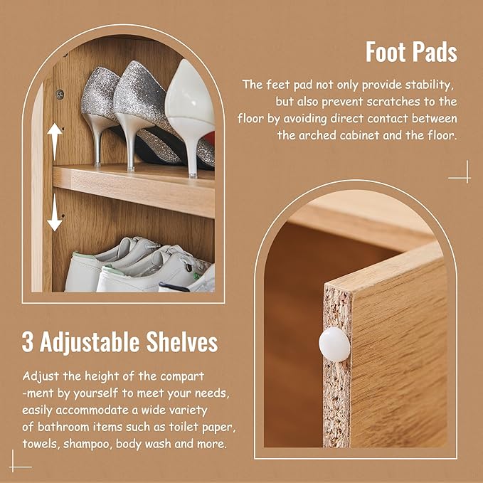 67" Tall Arched Bathroom Storage Cabinet, 8-Tier Modern Farmhouse Storage Cabinet with Adjustable Shelves, Wood Freestanding Cabinet for Bathroom, Living Room, Entryway, Hallway (Natural)