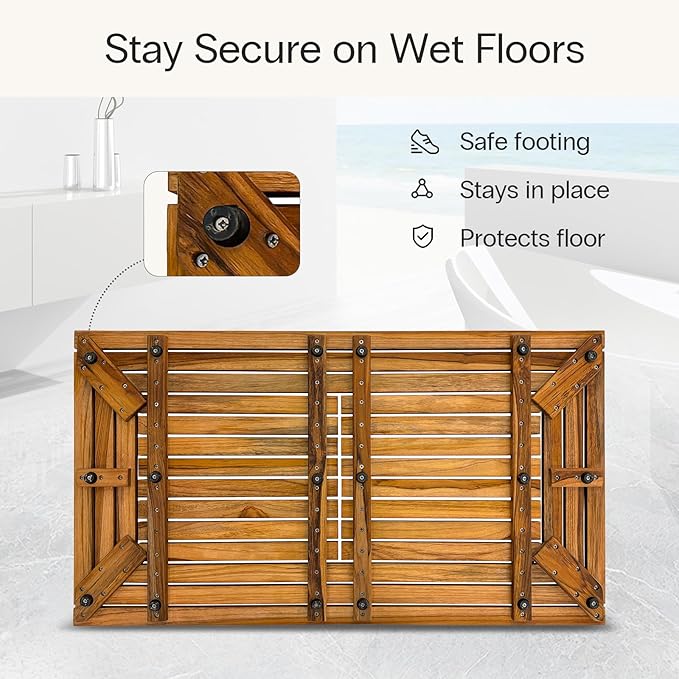 StrongTek Large Teak Bath Mat, 35.4" x 20" Solid Wood Shower Mat with Slatted Design, Pre-Oiled & Water-Resistant, Non-Slip Mat for Bathroom, Spa, and Outdoor Use