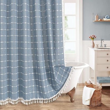 MitoVilla Blue Farmhouse Shower Curtain Set 72 x 78, Boho 78 inch Long Polyester Linen Tassel Fabric Shower Curtain Set for Chic Cottagecore French Rustic Bathroom Decor