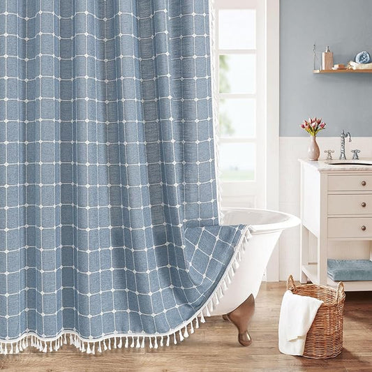MitoVilla Blue Boho Shower Curtains for Modern Farmhouse Bathroom Decor, Vintage Country Thick Polyester Linen Fabric Shower Curtain, Rustic Tassel Cloth Shower Curtain, 72 x 72