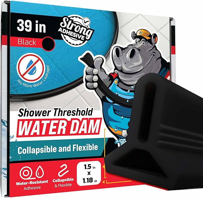 Shower Threshold Water Dam Barrier 39" - Black Collapsible Shower Water Blocker - Shower Guard for Walk in Shower - Water Guard Stopper for Floor - Shower Dam - 1.5" Tall - By Hippo Dam