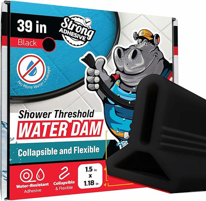 Shower Threshold Water Dam Barrier 39" - Black Collapsible Shower Water Blocker - Shower Guard for Walk in Shower - Water Guard Stopper for Floor - Shower Dam - 1.5" Tall - By Hippo Dam