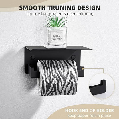 Angle Simple Toilet Paper Holder with Shelf Matte Black, 304 Stainless Steel Lavatory Tissue Roll Holder for Wall