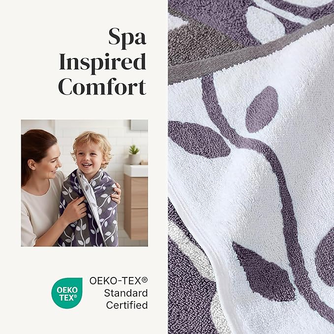 Modern Threads Organic Vines 6-Piece 100% Cotton Towel Set – Yarn Dyed Jacquard & Solid – Includes 2 Bath Towels, 2 Hand Towels, 2 Washcloths – Absorbent, Quick Dry, Soft & Durable – Lavender
