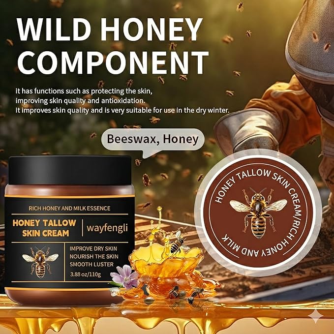 Whipped Beef Tallow & Honey Balm - Natural Face Moisturizer & Body Cream with Milk Essence - Deep Nourishing Skin Care for Dry, Sensitive Skin, Eczema Prone Areas & Baby (3.88 oz)