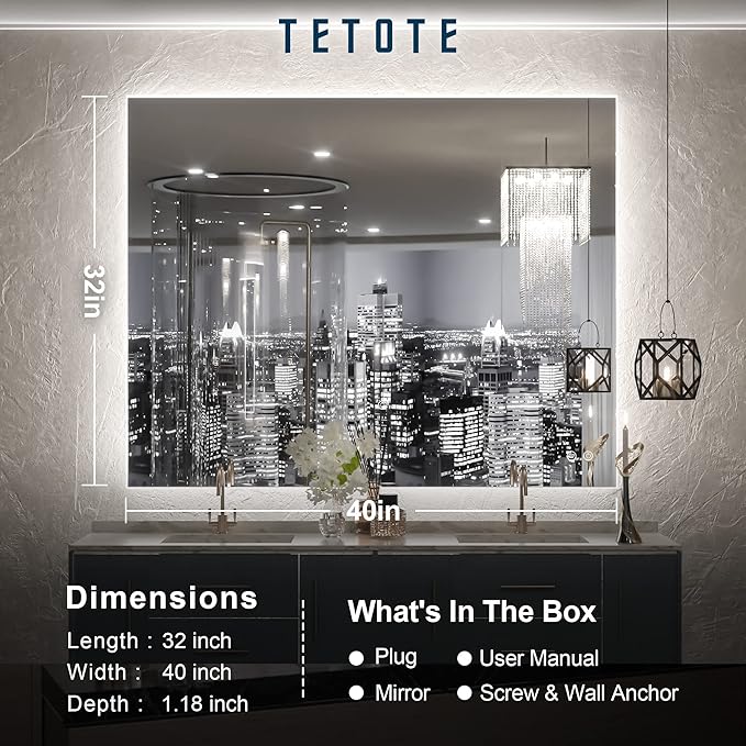 TETOTE 40 x 32 LED Backlit Bathroom Mirror with Light,3Color White/Warm/Natural,Anti-Fog Lighted Mirror,Dimmable,Vanity Mirror,Wall Mounted