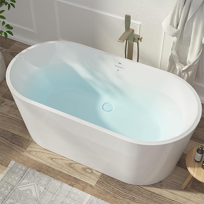FerdY Shangri-La 59" Acrylic Freestanding Bathtub, Gracefully Shaped Soaking Bathtub, Glossy White, cUPC Certified, Polishe White Drain & Minimalist Linear Design Overflow Included, 02522
