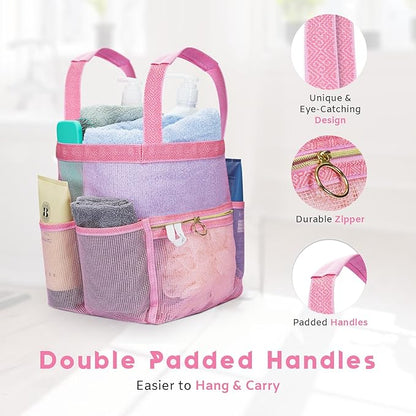 Mesh Shower Caddy Dorm, 7 Pockets & 1 with Zipper, Shower Tote with Padded Handles, Travel Portable, Shower Caddy College Room Essentials, Bathroom Shower Bag (Pink)