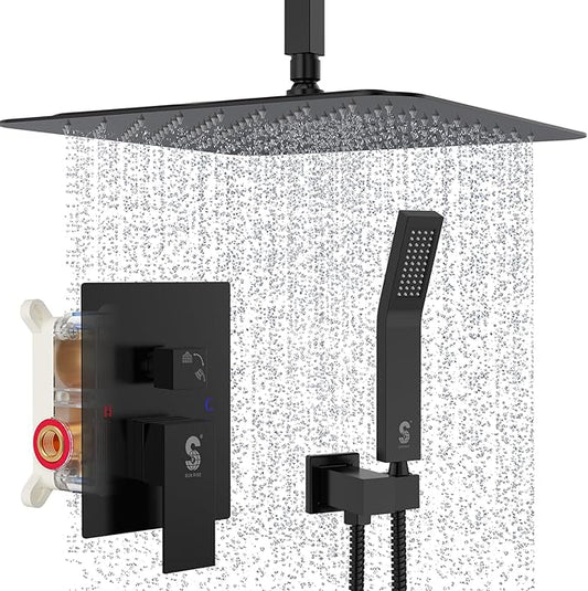 SR SUN RISE 16 Inches Matte Black Shower Set System Bathroom Luxury Rain Mixer Shower Combo Set Ceiling Mounted Rainfall Shower Head Faucet (Contain Shower Faucet Rough-In Valve Body and Trim)