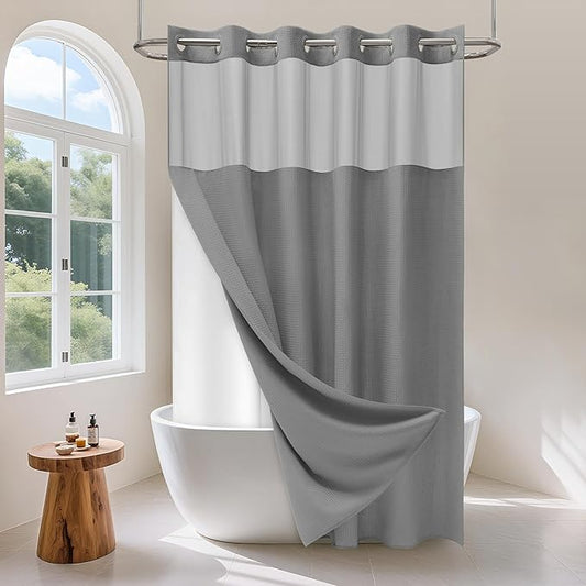No Hook Waffle Weave Shower Curtain Set with Snap-in Fabric Liner and Mesh Top Window,256GSM Heavy Duty Fabric,Dark Grey Washable Luxury Shower Curtain for Bathroom Stalls (72x75 Inch)
