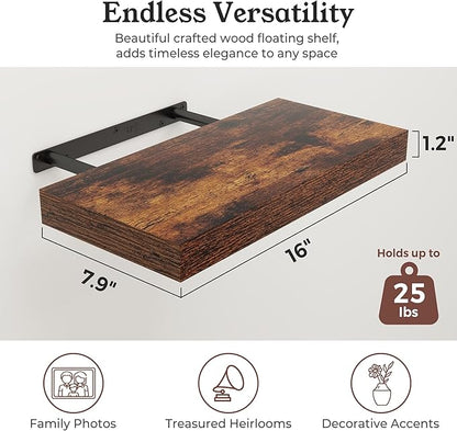 Floating Shelves for Wall, 7.9" Deep Wall Mounted Wood Shelves for Bathroom, Bedroom, Living Room, Kitchen, Hanging Shelf for Books/Storage/Room Decor (Brown, 16")