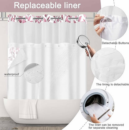 No Hook Shower Curtain and Liner Set, Dark Red Eucalyptus Floral Shower Curtains for Bathroom, Bath Curtain Sets with Snap in Liner, Waterproof with See Through Top Window, 71x84 Inches