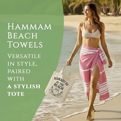 Turkish Cotton Beach Towel Pack of 4 & 1 Boho Tote Bag - Hammam Towels - No Shrink - Quick Dry - Lightweight - Sand Free - Camping - Pool - Tanning - Beach Essentials - Coral (40"x70")
