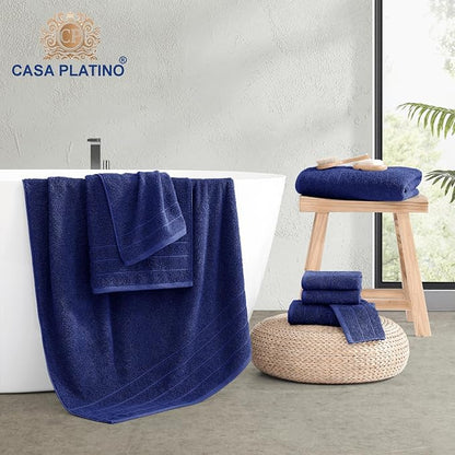 Casa Platino 100% Cotton 8 Piece Bath Towel Set - Ring Spun, Quick Dry, Super Soft & Highly Absorbent - 2 Bath, 4 Washcloths, 2 Bathroom Hand Towels - Hotel Quality Bathroom Towel Set - Navy Blue