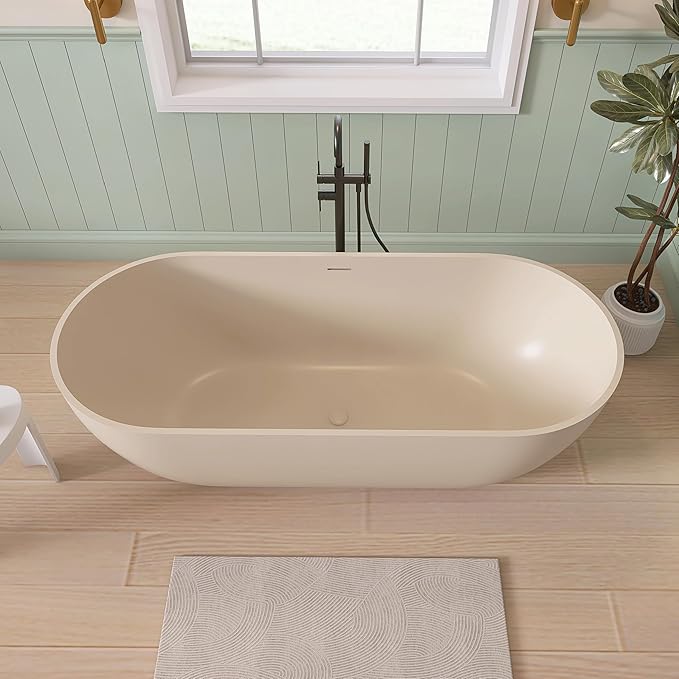 SJ STAR&JANE 69" Solid Surface Freestanding Bathtub,Milk Coffee Stone Resin Soaking Tub, Modern Stand Alone Tub for Bathroom, Integrated with Overflow & Pop-up Drain