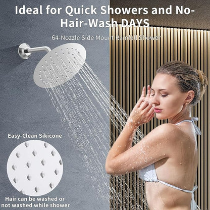 Chrome Shower Slide Bar System with 12inch Ceiling Rain Shower Head and 8inch Shower Faucet Set In Wall, Temperature Display Shower Faucet System Fixture with 2 in 1 Handheld Shower Wand