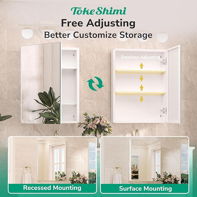 TokeShimi 64x32 Bathroom Medicine Cabinet with Mirror Tempered, Aluminum White Mirrored Medicine Cabinet Recessed or Surface Mount with Adjustable Storage Metal for Modern Farmhouse