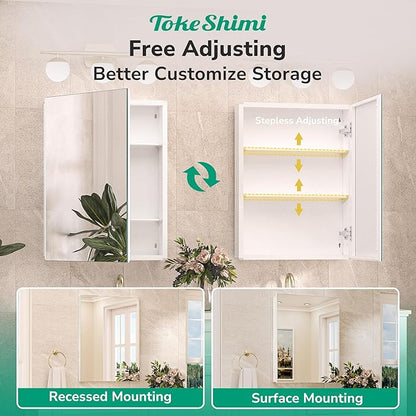 TokeShimi 64x32 Bathroom Medicine Cabinet with Mirror Tempered, Aluminum White Mirrored Medicine Cabinet Recessed or Surface Mount with Adjustable Storage Metal for Modern Farmhouse