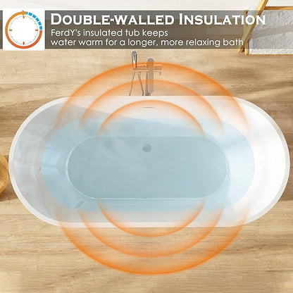 FerdY Luzon 67" Acrylic Freestanding Bathtub, Ergonomic Lightweight Classic Oval Soaking Bathtub with Chrome Drain, Classic Slotted Overflow, Modern White