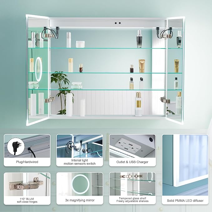 WELLFOR 36" X 30" Medicine Cabinet with Lights, 3X Magnification, Anti-Fog Mirrored Cabinet, Double Doors with Mirror, Bathroom Vanity Medicine Cabinet with Outlets & USB Ports