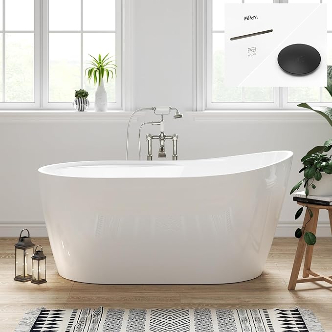 FerdY Lana'i 60" Freestanding Bathtub, Gracefully Shaped Freestanding Soaking tub, cUPC Certified, Matte Black Drain Assembly Included