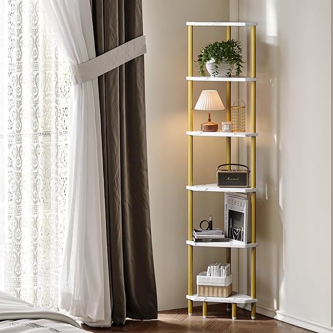 6 Tier Corner Shelf, 66.5'' Tall Standing Shelf, Narrow Display Shelf Stand, Modern Corner Bookshelf, Plant Stand, Corner Bookcase for Living Room, Bedroom, Bathroom, Gold and White LCS502GC