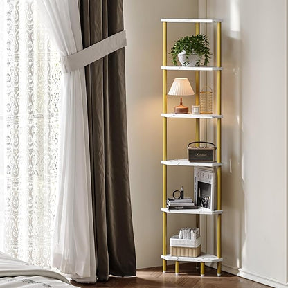 6 Tier Corner Shelf, 66.5'' Tall Standing Shelf, Narrow Display Shelf Stand, Modern Corner Bookshelf, Plant Stand, Corner Bookcase for Living Room, Bedroom, Bathroom, Gold and White LCS502GC
