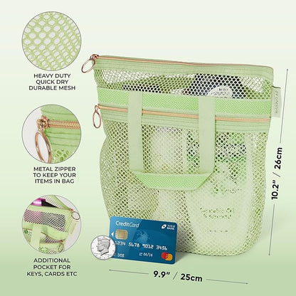 Mesh Shower Bag 10.2x9.9'' Quick-Dry Caddy with Zipper & 2 Pockets. Portable Toiletry Tote for Bathroom, Gym, Travel, Camp, Beach, for Sunscreen, Dorm & College Essentials (Light Green)